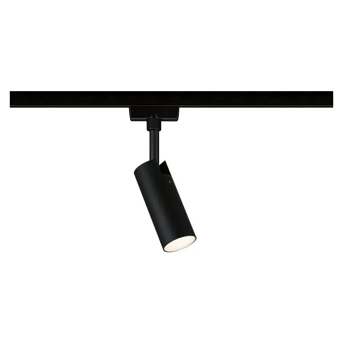 Paulmann URail LED-Spot Tubo 3-Step-Dim - 5 W, Warmweiß, Schwarz-matt - Eine schwarze Schienenleuchte mit zylindrischem Strahler, die von einer schwarzen Schiene hängt, ideal für zielgerichtete Beleuchtung.