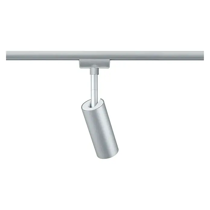 Paulmann URail LED-Spot Tubo 3-Step-Dim - 5 W, Neutralweiß, Chrom-matt - Nahaufnahme einer modernen, silbernen Schienenleuchte an einer Metallschiene, die eine elegante Beleuchtungslösung darstellt.