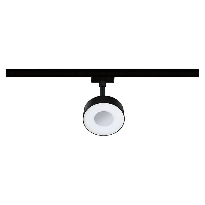 Paulmann URail LED-Spot Circle 3-Step-Dim - Schwarz matt, Neutralweiß - Dieses Bild zeigt eine einzelne, schwarze LED-Schienenleuchte mit einem runden, weißen Diffusor, die ein modernes Design aufweist.