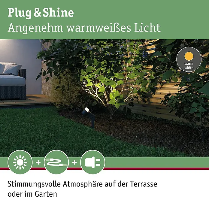 Paulmann Plug & Shine LED-Gartenspot Ito - 7,5 W, Warmweiß, L x B x H: 4 x 22,7 x 37,2 cm - Das Bild zeigt das "Plug & Shine" Gartenbeleuchtungssystem, das eine stimmungsvolle, warmweiße Beleuchtung für Terrassen und Gärten bietet.