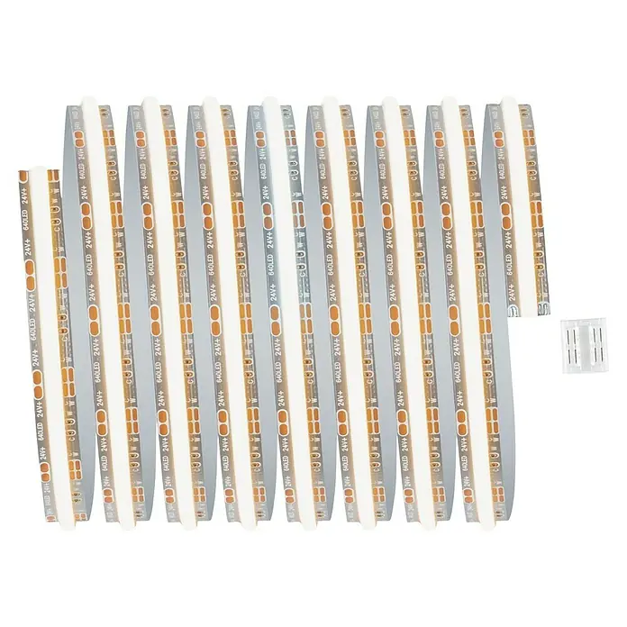 Paulmann MaxLED 500 Verlängerungs-Set Full-Line COB - 250 cm, 13 W, Mehrfarbig, 1.500 lm - LED-Streifen: Eine Nahaufnahme von mehreren LED-Streifen mit hoher Dichte und einem weißen Stecker für elektronische Verbindungen.