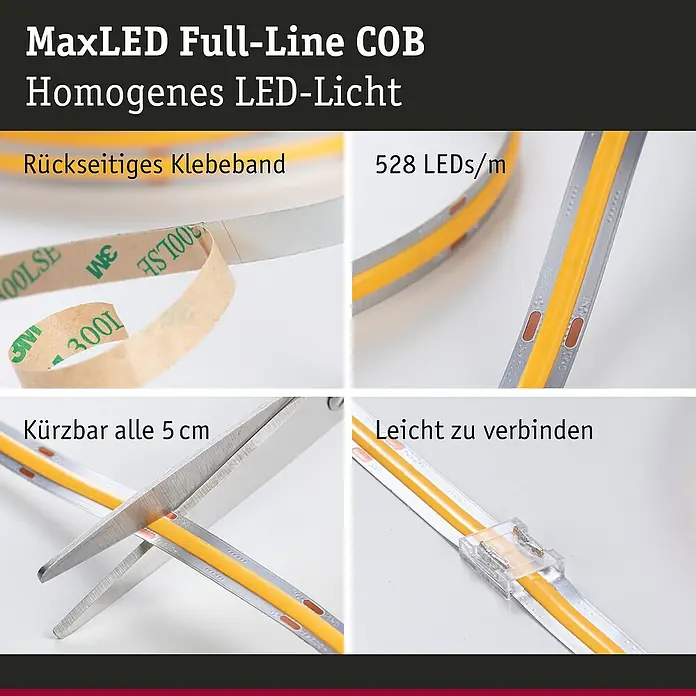 Paulmann MaxLED 500 Verlängerungs-Set Full-Line COB - 250 cm, 15 W, Warmweiß, 1.250 lm - Produktabbildung: MaxLED Full-Line COB LED-Streifen mit rückseitigem Klebeband, 528 LEDs/m, kürzbar alle 5 cm, leicht zu verbinden.