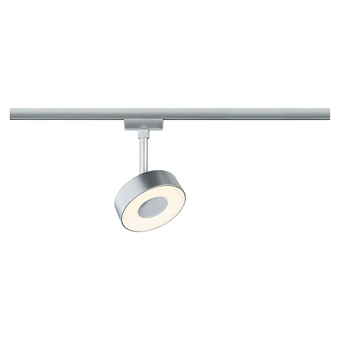 Paulmann URail LED-Spot Circle 2-Step-White - Chrom matt, 6,8 x 9,9 x 14,7 cm - Nahaufnahme einer modernen LED-Trackleuchte aus gebürstetem Stahl, die ein helles, warmes Licht ausstrahlt. Die Leuchte ist schwenkbar und dimmbar.