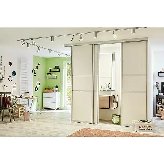 Paulmann URail LED-Spot Tubo 3-Step-Dim - 5 W, Warmweiß, Chrom-matt - Modernes Interieur mit weißen Schiebetüren und integriertem Waschbecken, beleuchtet durch eine elegante Deckenleuchte. Stilvolles Design für Ihr Zuhause.