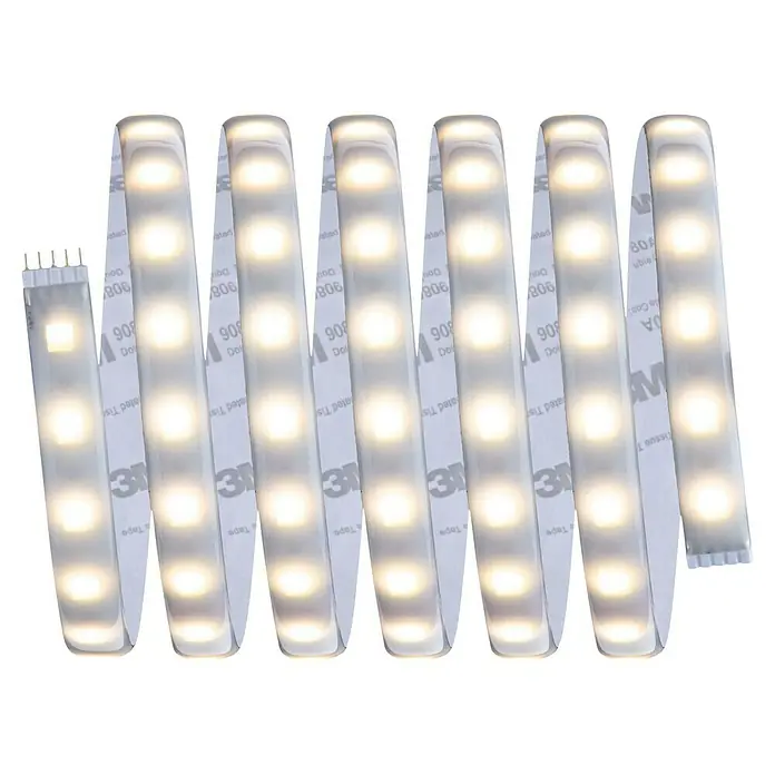 Paulmann MaxLED 500 LED-Band Tunable White IP44 - Länge: 250 cm, Lichtfarbe: Mehrfarbig, 16 W, 1.175 lm - Nahaufnahme eines LED-Streifens mit Kleberückseite und Anschlussstiften, ideal für stimmungsvolle Beleuchtung.
