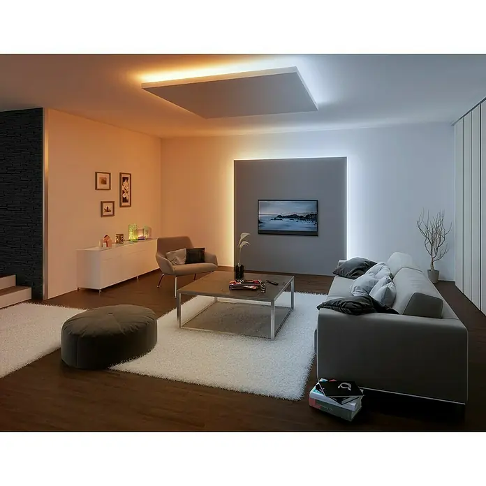 Paulmann MaxLED 500 LED-Band Tunable White IP44 - Länge: 250 cm, Lichtfarbe: Mehrfarbig, 16 W, 1.175 lm - Modernes Wohnzimmer mit schwebender Deckenleuchte, minimalistischer Einrichtung und warmem Licht. Die Beleuchtung schafft eine gemütliche Atmosphäre.
