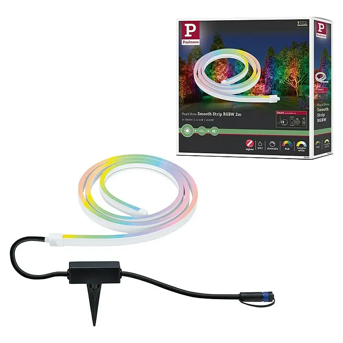 Paulmann Plug & Shine LED-Band Outdoor - Länge: 2 m, RGBW, 280 lm, 24 V - Das Bild zeigt eine Paulmann Plug & Shine Smooth Strip RGBW 2m, eine flexible LED-Lichtleiste für den Außenbereich mit Farbwechsel.