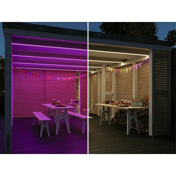 Paulmann SimpLED Verlängerungskabel Outdoor - Schwarz, 250 cm - Eine Außenansicht eines Pavillons mit LED-Leuchten, der eine gemütliche Atmosphäre schafft. Die farbwechselnden LED-Leuchten setzen Akzente.