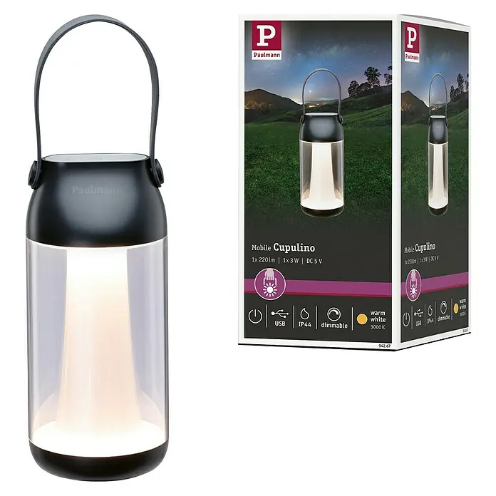 Paulmann Akku-Tischleuchte Cupulino - 1,3 W, Anthrazit, Warmweiß, 8,3 x 18,4 cm - Paulmann Cupulino mobile Leuchte mit Tragegriff und Verpackung. Sie ist dimmbar, IP44-geschützt und über USB aufladbar.