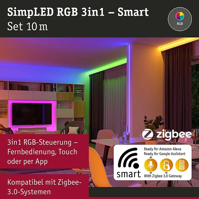Paulmann SimpLED LED-Band-Set RGB 3 in 1 ZIGBEE - Länge: 10 m, Lichtfarbe: RGB, 26 W, 900 lm, 230 V - Intelligentes SimpLED RGB 3in1 Set 10 m mit Fernbedienung, Touch- und App-Steuerung, kompatibel mit Zigbee-3.0-Systemen für Alexa und Google Assistant.