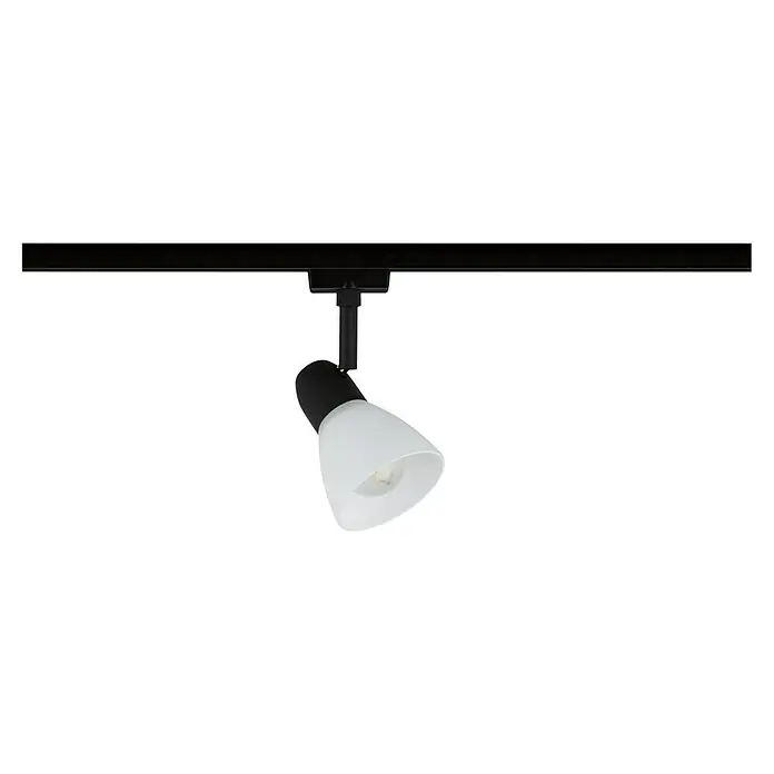 Paulmann URail Regleta Caps - E14, Negro - Esta toma muestra una moderna luz de riel negra con una pantalla cónica blanca, dirigiendo la luz con estilo hacia la habitación.