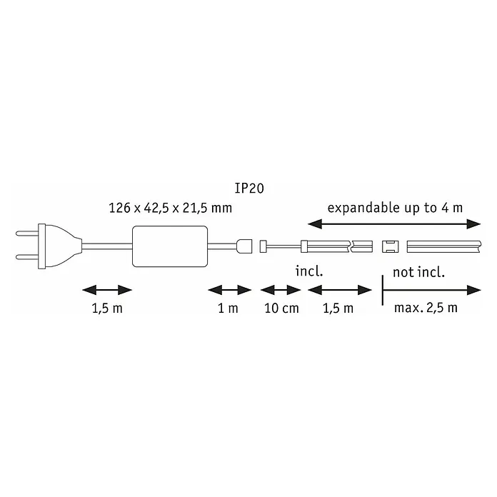 Paulmann MaxLED 500 Verlängerungs-Set Full-Line COB - 150 cm, 10 W, Warmweiß, 750 lm - Abbildung eines LED-Verbindungsstücks mit Maßangaben und einer maximalen Erweiterbarkeit von bis zu 4 m.
