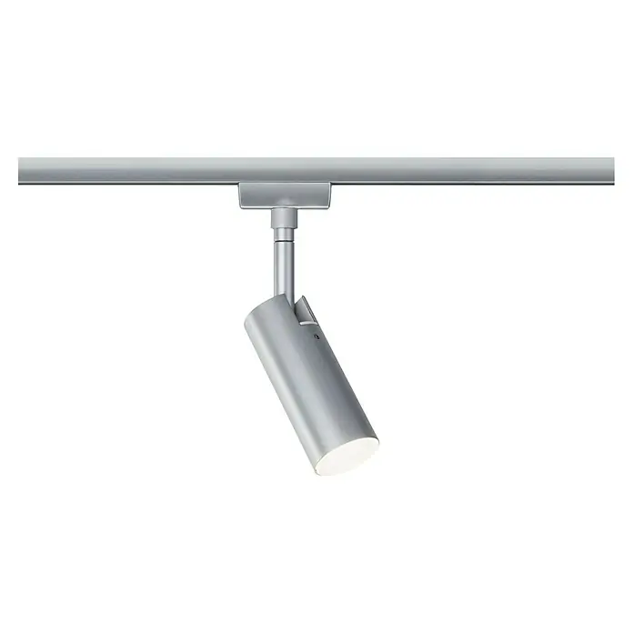 Paulmann URail LED-Spot Tubo 3-Step-Dim - 5 W, Neutralweiß, Chrom-matt - Silberfarbene LED-Schienenleuchte an einer silberfarbenen Schiene, die Licht nach unten abstrahlt und eine moderne Beleuchtungslösung bietet.