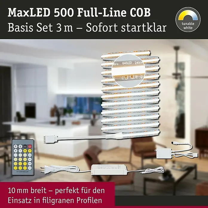 Paulmann MaxLED 500 Basis-Set Full-Line Tunable White - 300 cm, 15 W, Mehrfarbig, 1.800 lm - Produktbild des MaxLED 500 Full-Line COB Basis Sets 3 m, sofort startklar, mit tunable white Funktion und Zubehör.