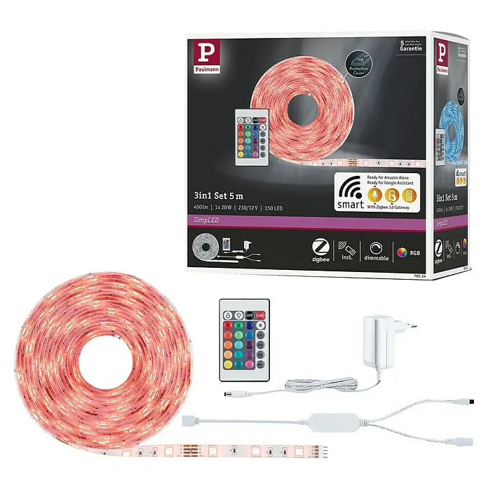Paulmann SimpLED LED-Band-Set RGB 3 in 1 ZIGBEE - Länge: 5 m, Lichtfarbe: RGB, 20 W, 450 lm, 230 V - Paulmann SimpLED 3in1 Set 5m mit LED-Streifen, Fernbedienung und Netzteil in der Verpackung und einzeln abgebildet.
