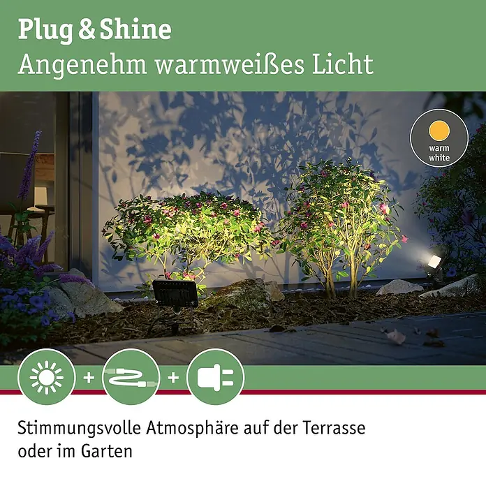 Paulmann Plug & Shine LED-Gartenspot Flood - Warmweiß, L x B x H: 2,3 x 10,3 x 10,3 cm - Stimmungsvolle Plug & Shine Gartenleuchten mit angenehm warmweißem Licht für eine stimmungsvolle Atmosphäre auf Terrasse oder im Garten.