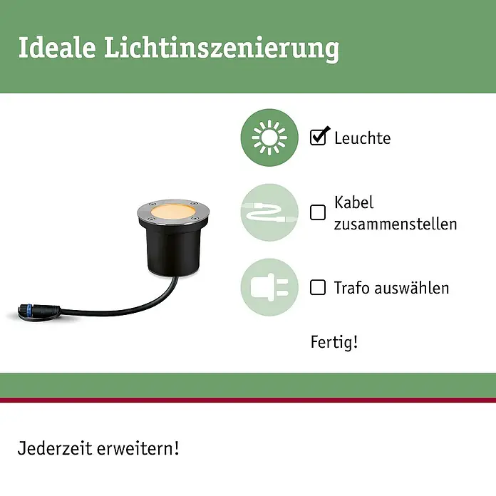Paulmann Plug & Shine Bodeneinbauleuchte Floor insektenfreundlich - 9,8 cm, Bernstein, IP67, Silber - Produkt-Illustration einer Bodenleuchte: "Ideale Lichtinszenierung" mit Schritt-für-Schritt-Anleitung zur Installation.