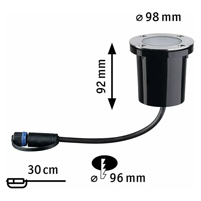 Paulmann Plug & Shine Bodeneinbauleuchte Floor insektenfreundlich - 9,8 cm, Bernstein, IP67, Silber - Produktbild eines Bodeneinbaustrahler mit den Maßen Ø 98 mm, 92 mm Höhe und 30 cm Kabellänge.