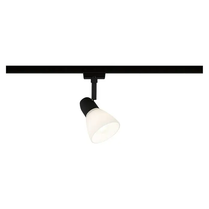 Paulmann URail Deckenstrahler Caps - E14, Schwarz-matt, Opal - Eine elegante schwarze Schienenleuchte mit einem Kegelförmigen, gerichteten weissen Scheinwerfer vor schwarzem Hintergrund.