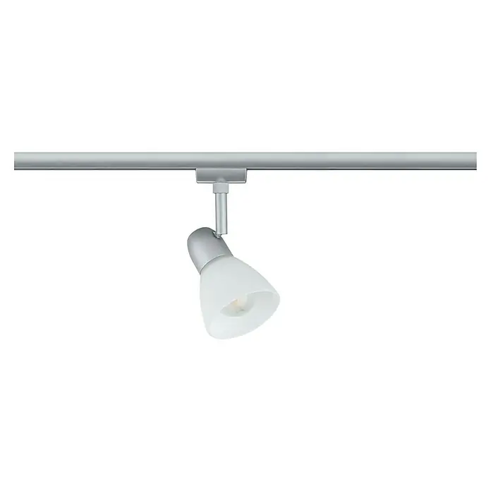 Paulmann URail Deckenstrahler Caps - E14, Chrom-matt, Opal - Nahaufnahme einer einzelnen, modernen weißen Track-Lampe an einer Metallschiene. Ideal für Innenräume mit modernem Design.