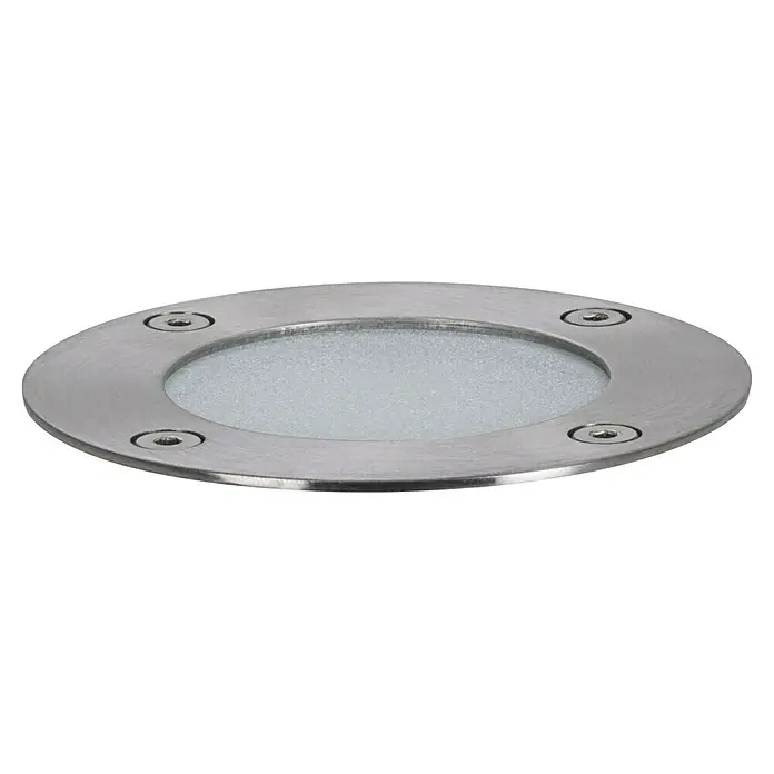 Paulmann Plug & Shine Bodeneinbauleuchte Floor insektenfreundlich - 9,8 cm, Bernstein, IP67, Silber - Nahaufnahme einer runden, eingelassenen Bodenleuchte mit vier Schrauben und einer matten Glasabdeckung.