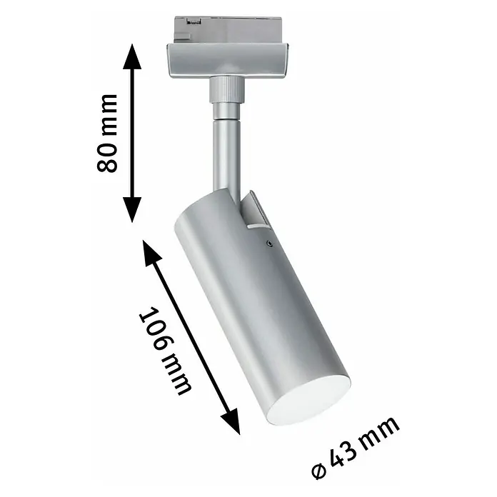 Paulmann URail LED-Spot Tubo - L x B x H: 10,5 x 4,2 x 18,6 cm, Chrom matt, Neutralweiß - Abbildung eines silbernen LED-Strahlers mit detaillierten Maßangaben für Höhe, Länge und Durchmesser des Produkts.