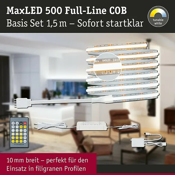 Paulmann MaxLED 500 Basis-Set Full-Line Tunable White - 150 cm, 11 W, Mehrfarbig, 900 lm - Produktansicht des MaxLED 500 Full-Line COB Basis Sets 1,5 m, sofort startklar mit tunable white Funktion und Zubehör.