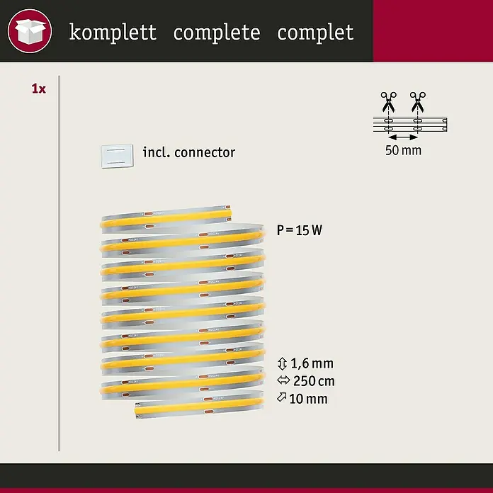 Paulmann MaxLED 500 Verlängerungs-Set Full-Line COB - 250 cm, 15 W, Warmweiß, 1.250 lm - Produktbild eines LED-Streifens mit Zubehör. Komplettes Set inklusive Stecker, 250 cm Länge, 15 W Leistung und Schneideoption alle 50 mm.