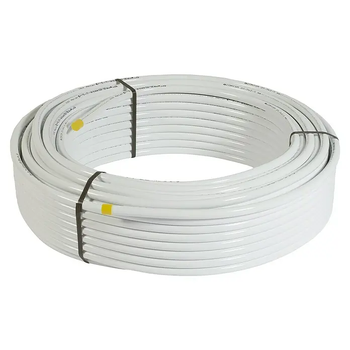 Comisa Alu-Verbundrohr - Durchmesser: 20 mm, Länge: 10 m - Eine Rolle COMISA-Rohrleitung 20.0x2.0, ideal für Sanitär- und Heizungsanwendungen, mit schwarzen Bändern zusammengehalten.