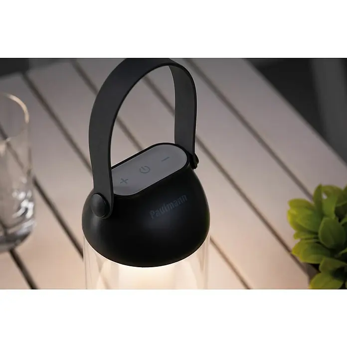 Paulmann Akku-Tischleuchte Cupulino - 1,3 W, Anthrazit, Warmweiß, 8,3 x 18,4 cm - Tischleuchte von Paulmann mit Tragegriff. Die Lampe hat eine schwarze Oberfläche mit Tasten und wird von unten beleuchtet.