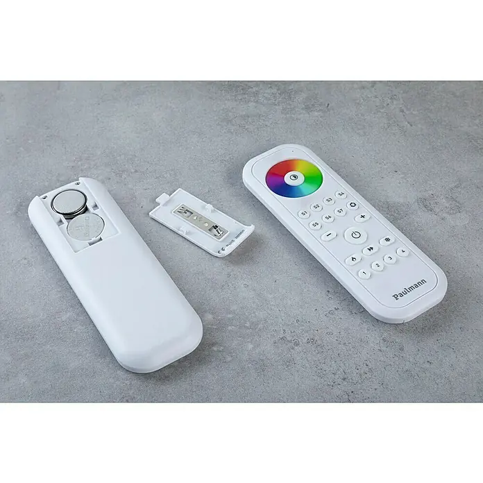 Paulmann Smart Home ZigBee Fernbedienung Smart Home Zigbee Gent 2 - Zigbee 3.0 Produkte, Weiß - Nahaufnahme einer Paulmann-Fernbedienung mit Farbrad und einer offenen Rückseite mit Knopfzellenbatterie.