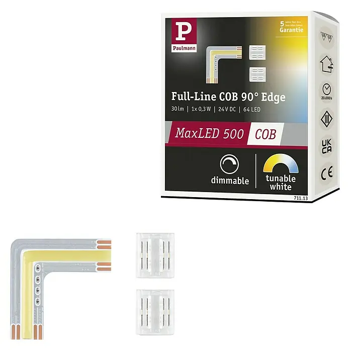 Paulmann MaxLED 500 LED-Band Full-Line COB Edge 90° Tunable White - Länge: 3 cm, Lichtfarbe: Mehrfarbig, 0,35 W, 30 lm, 230 V - Produktbild einer Paulmann MaxLED 500 COB Full-Line 90° Edge LED-Leuchte, dimmbar und mit einstellbarem Weißton.