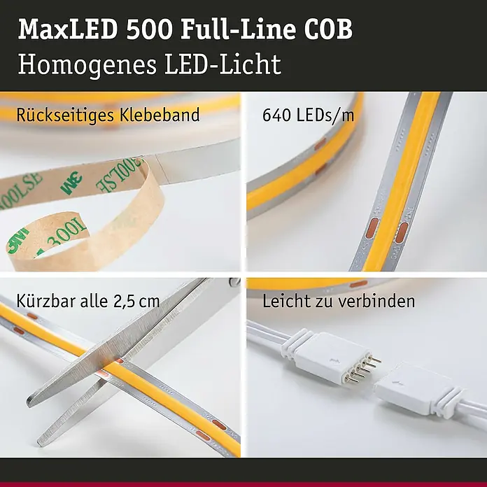 Paulmann MaxLED 500 Basis-Set Full-Line Tunable White - 300 cm, 15 W, Mehrfarbig, 1.800 lm - MaxLED 500 Full-Line COB LED-Streifen mit homogenem Licht, rückseitigem Klebeband, 640 LEDs/m, kürzbar alle 2,5 cm und leicht zu verbinden.