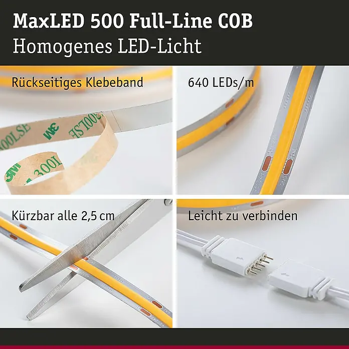 Paulmann MaxLED 500 Basis-Set Full-Line Tunable White - 150 cm, 11 W, Mehrfarbig, 900 lm - Produktdarstellung der MaxLED 500 COB LED-Leiste mit rückseitigem Klebeband, flexibler Anpassung und einfacher Verbindung.