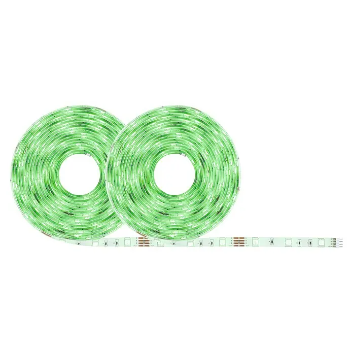 Paulmann SimpLED LED-Band-Set RGB 3 in 1 ZIGBEE - Länge: 10 m, Lichtfarbe: RGB, 26 W, 900 lm, 230 V - Nahaufnahme von zwei Rollen grüner LED-Streifen, die ein helles, dekoratives Licht für vielfältige Beleuchtungsanwendungen bieten.