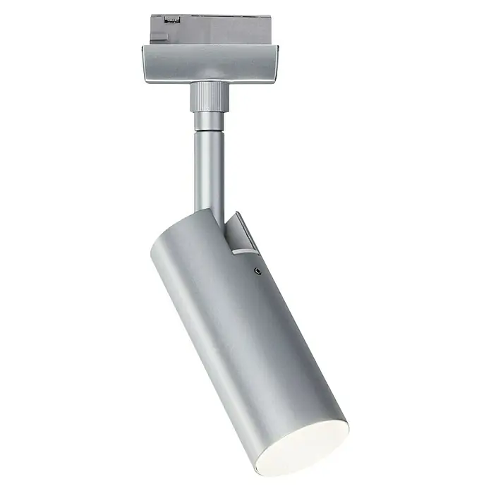 Paulmann URail LED-Spot Tubo 3-Step-Dim - 5 W, Neutralweiß, Chrom-matt - Nahaufnahme einer modernen, silbernen Schienenleuchte mit zylindrischem Kopf und LED-Licht, ideal für stilvolle Raumbeleuchtung.