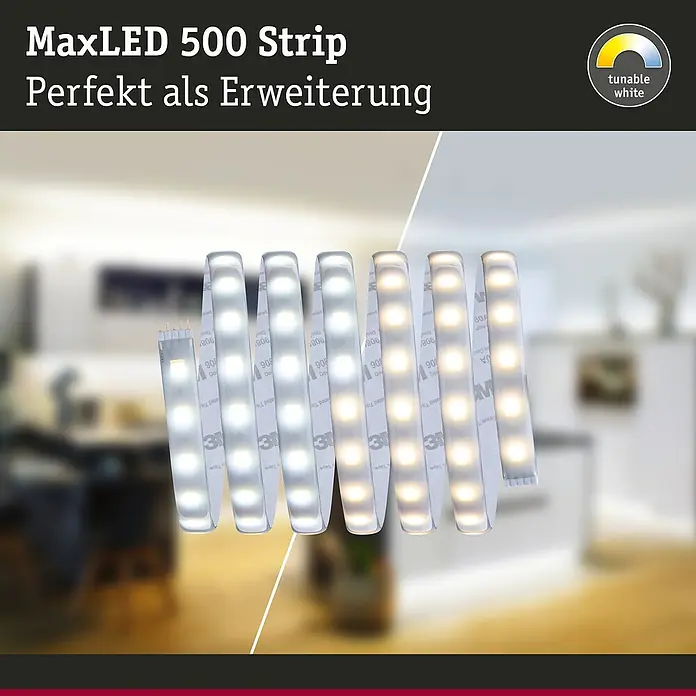 Paulmann MaxLED 500 LED-Band Tunable White IP44 - Länge: 250 cm, Lichtfarbe: Mehrfarbig, 16 W, 1.175 lm - Produktbild eines MaxLED 500 Strips mit verstellbarem Weißton, ideal als Erweiterung für Beleuchtungslösungen.
