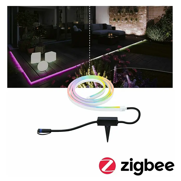 Paulmann Plug & Shine LED-Band Outdoor - Länge: 2 m, RGBW, 280 lm, 24 V - Bild einer Zigbee-LED-Gartenleuchte, die im Außenbereich zur Beleuchtung eingesetzt wird, mit farbwechselnden Funktionen für eine stimmungsvolle Atmosphäre.
