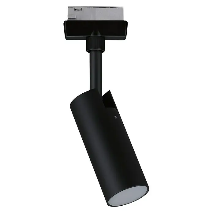 Paulmann URail LED-Spot Tubo 3-Step-Dim - 5 W, Neutralweiß, Schwarz-matt - Bild einer schwarzen Schienenleuchte mit zylindrischem Lampenkopf und einem grauen Schienenadapter. Sie ist modern und elegant.