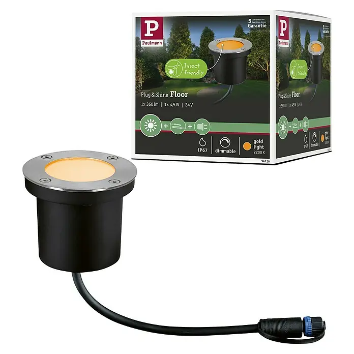 Paulmann Plug & Shine Bodeneinbauleuchte Floor insektenfreundlich - 9,8 cm, Bernstein, IP67, Silber - Produktansicht der Paulmann Plug & Shine Bodenleuchte, ideal für den Außenbereich. Sie ist dimmbar, insektenfreundlich und wasserfest (IP67).