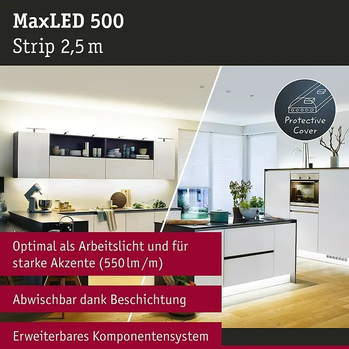 Paulmann MaxLED 500 LED-Band Tunable White IP44 - Länge: 250 cm, Lichtfarbe: Mehrfarbig, 16 W, 1.175 lm - Das Bild zeigt ein MaxLED 500 Strip 2,5 m Lichtsystem, das in einer Küche für optimale Arbeitsbeleuchtung und starke Akzente sorgt.