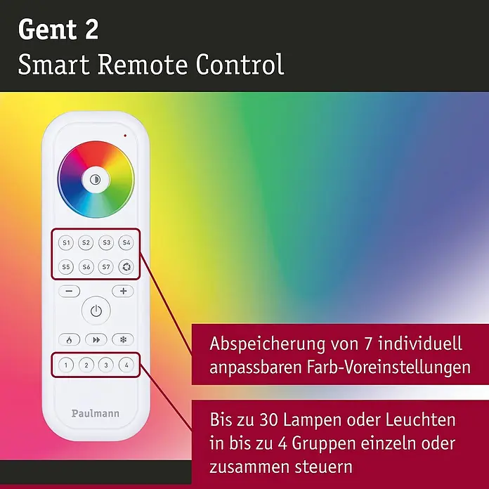 Paulmann Smart Home ZigBee Fernbedienung Smart Home Zigbee Gent 2 - Zigbee 3.0 Produkte, Weiß - Intelligente Gent 2-Fernbedienung zur Steuerung von bis zu 30 Lampen in 4 Gruppen, mit 7 individuell anpassbaren Farbvoreinstellungen.