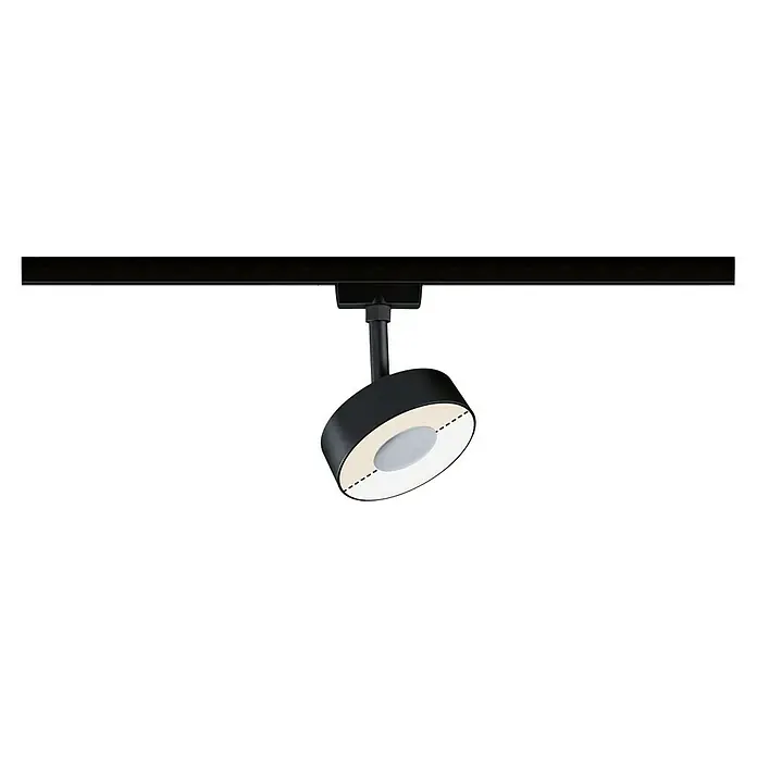 Paulmann URail LED-Spot Circle 2-Step-White - Schwarz matt, 6,8 x 9,9 x 13 cm - Nahaufnahme einer modernen schwarzen Deckenleuchte, die an einer Schiene befestigt ist und ein helles, gerichtetes Licht ausstrahlt.