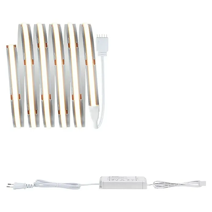 Paulmann MaxLED 500 Verlängerungs-Set Full-Line COB - 150 cm, 10 W, Warmweiß, 750 lm - Eine Nahaufnahme von LED-Streifenleuchten mit Netzteil und Steckern, ideal für moderne Beleuchtungslösungen.
