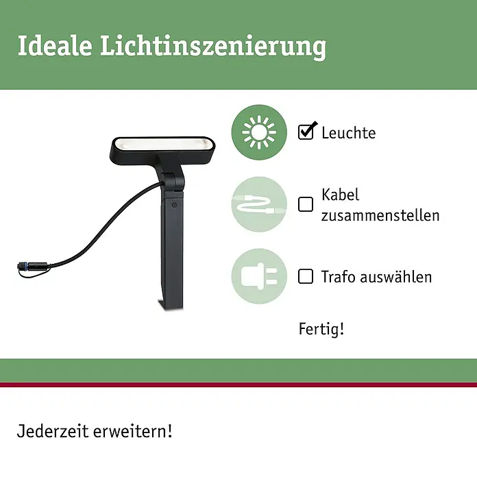 Paulmann Plug & Shine LED-Gartenspot Ito - 7,5 W, Warmweiß, L x B x H: 4 x 22,7 x 37,2 cm - Abbildung einer modernen Leuchte mit LED-Technologie, ideal für die Lichtinszenierung und jederzeit erweiterbar.