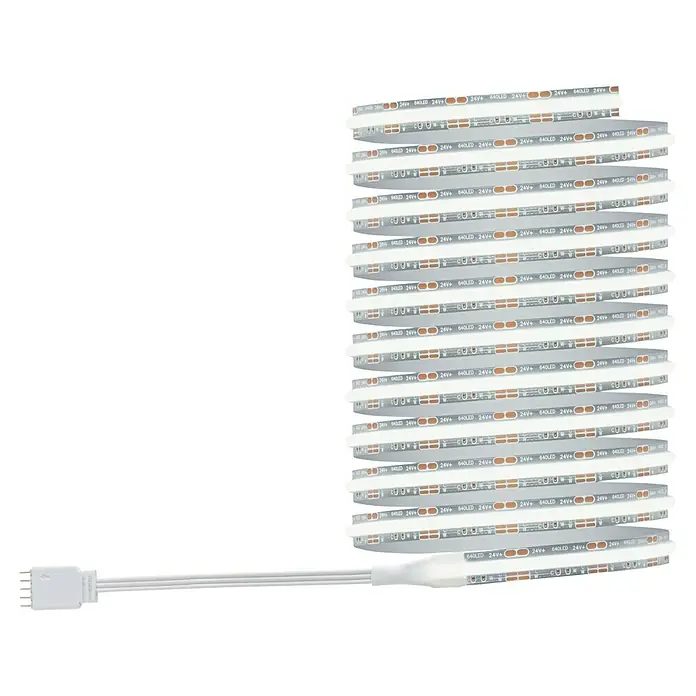 Paulmann MaxLED 500 Basis-Set Full-Line Tunable White - 300 cm, 15 W, Mehrfarbig, 1.800 lm - Eine Nahaufnahme von einem Stapel LED-Streifen mit Anschlusskabel, die sich ideal für dekorative Beleuchtung eignen.