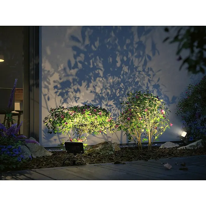 Paulmann Plug & Shine LED-Gartenspot Flood - Warmweiß, L x B x H: 2,3 x 10,3 x 10,3 cm - Gartenszene mit solarbetriebenen Strahlern, die Büsche beleuchten und stimmungsvolle Schatten an die Hauswand werfen.