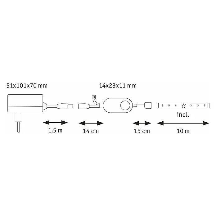 Paulmann SimpLED LED-Band-Set RGB 3 in 1 ZIGBEE - Länge: 10 m, Lichtfarbe: RGB, 26 W, 900 lm, 230 V - Schemazeichnung einer LED-Lichterkette mit den Maßen der einzelnen Komponenten und Kabellängen.
