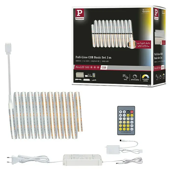 Paulmann MaxLED 500 Basis-Set Full-Line Tunable White - 300 cm, 15 W, Mehrfarbig, 1.800 lm - Produktansicht des Paulmann Full-Line COB Basic Set 3 m mit LED-Streifen, Netzteil und Fernbedienung für stimmungsvolle Beleuchtung.