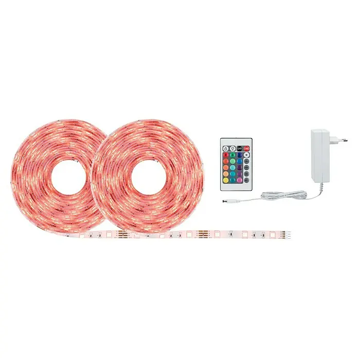 Paulmann SimpLED LED-Band-Set RGB 3 in 1 ZIGBEE - Länge: 10 m, Lichtfarbe: RGB, 26 W, 900 lm, 230 V - Das Bild zeigt LED-Streifen mit Fernbedienung und Netzteil, ideal für stimmungsvolle Beleuchtung und einfache Bedienung.